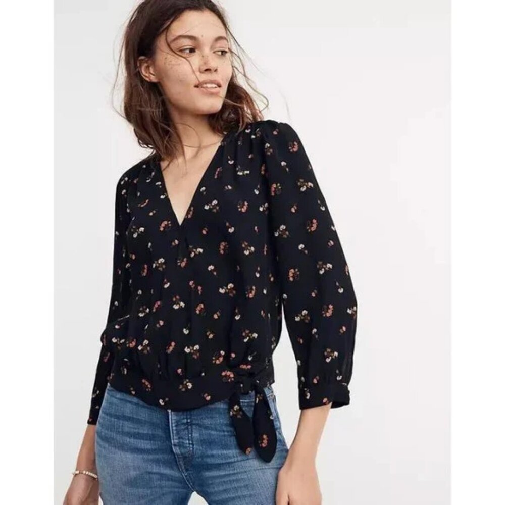 NWT - Madewell Black Floral V-Neck Tie-Hem Blouse